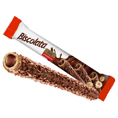 Вафельные трубочки Biscolata Roll с мол.шок. и ореховой начинкой    28гр