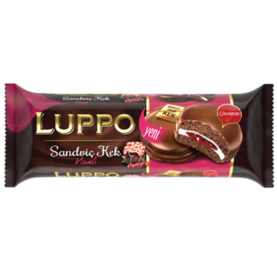 LUPPO CHERRY сендвич-кекс в молочном шоколаде с маршмеллоу и вишневым мармеладом 182гр.