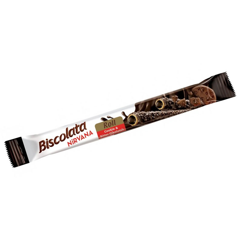Вафельные трубочки Biscolata roll  Nirvana с темн шок, мол.начинкой и печеньем 27,5гр