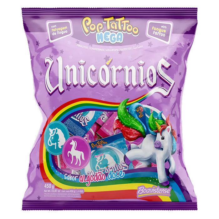 Карамель леденцовая на палочке BOAVISTENSE (POP TATTOO UNICORNIOS (со вкусом сахарной ваты)), 18 г.