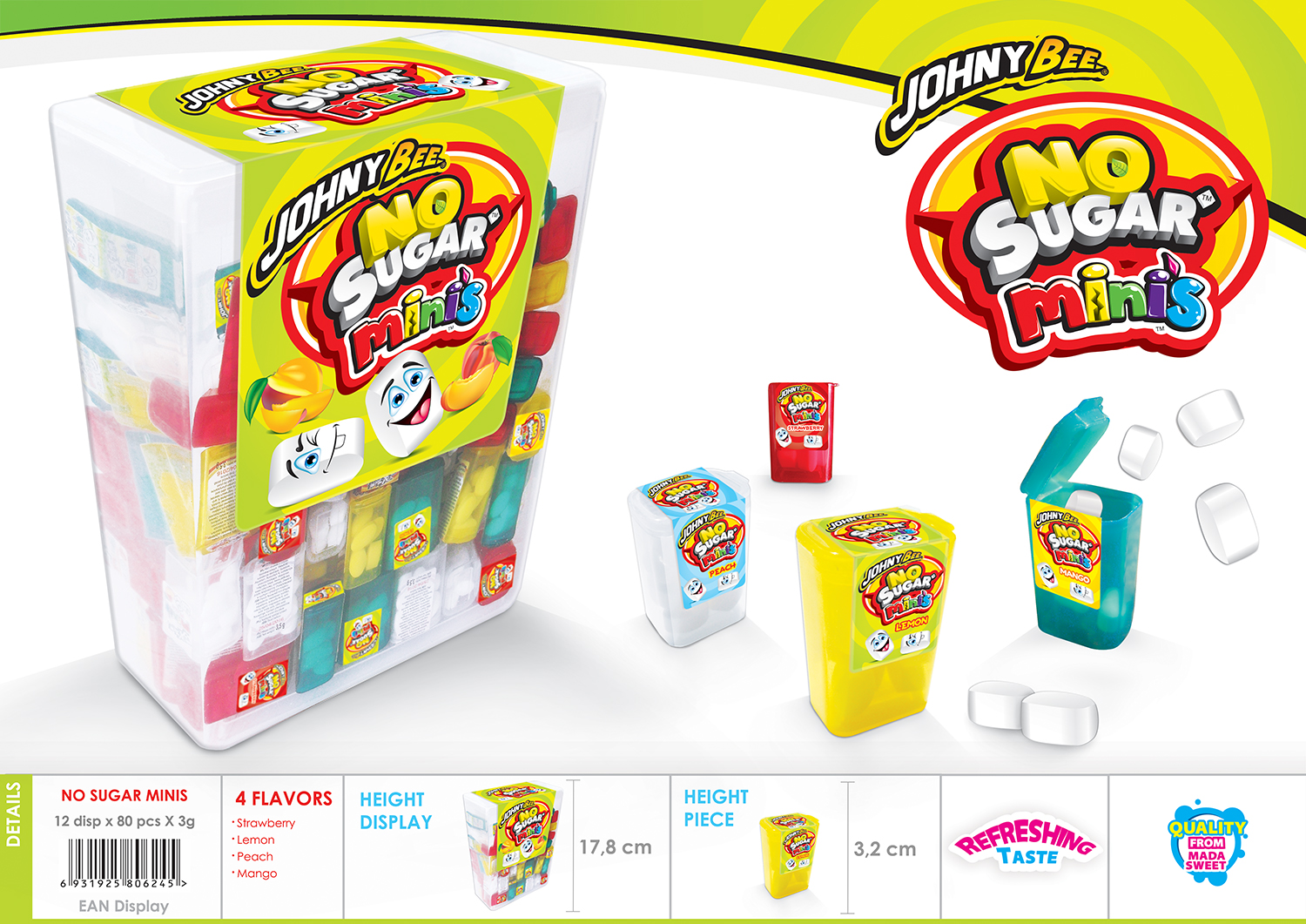 JOHNY BEE® NO SUGAR Mini`s кисло-сладкое драже, 3гр, 80 шт в шоубоксе /12 шоубоксов в коробе.