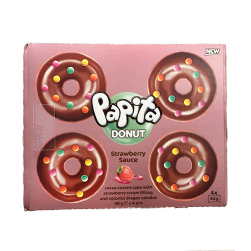 Пончик Papita с какао глазурью, клубничной начинкой и цветным драже   160гр