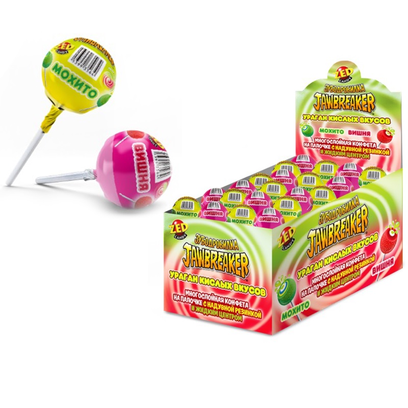Конфеты Конфитой на палочке Jawbreaker Ураган кислых вкусов с надувн. резинк. и жидк. центр. 33гр