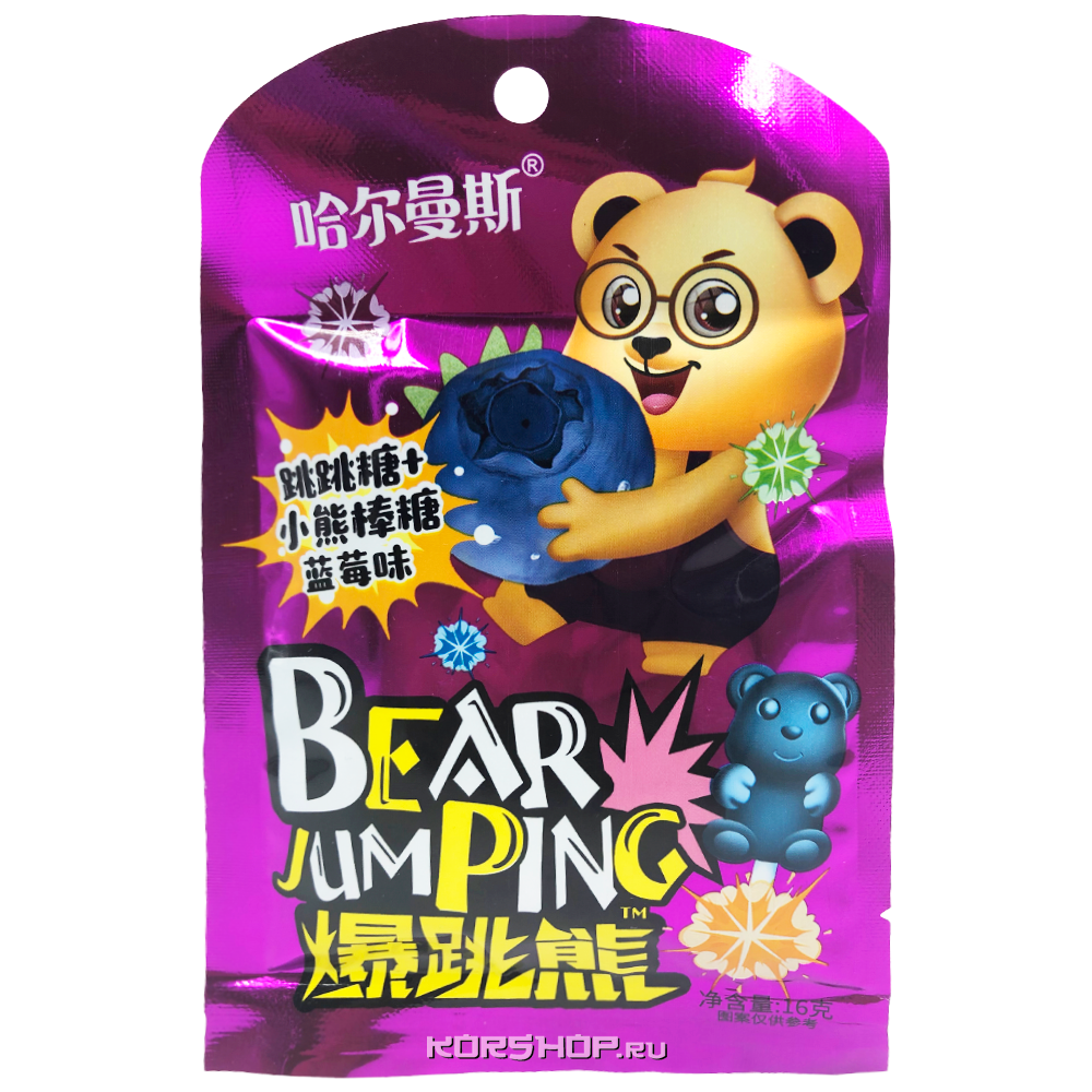 Леденец Bear JumPing на палочке+шипучка (Черника) 16гр
