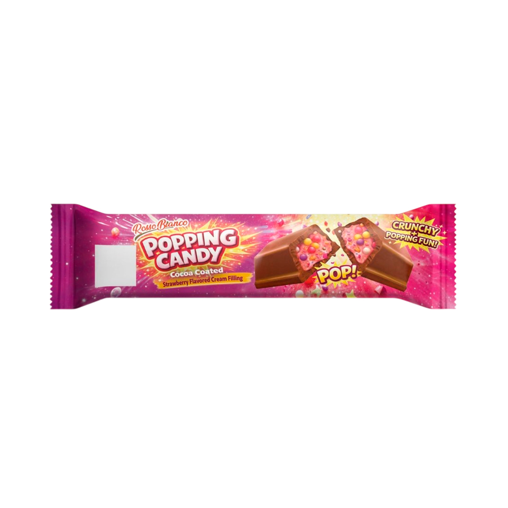Шоколадный батончик Popping Candy с клубничн. начинкой и цветным драже   35гр
