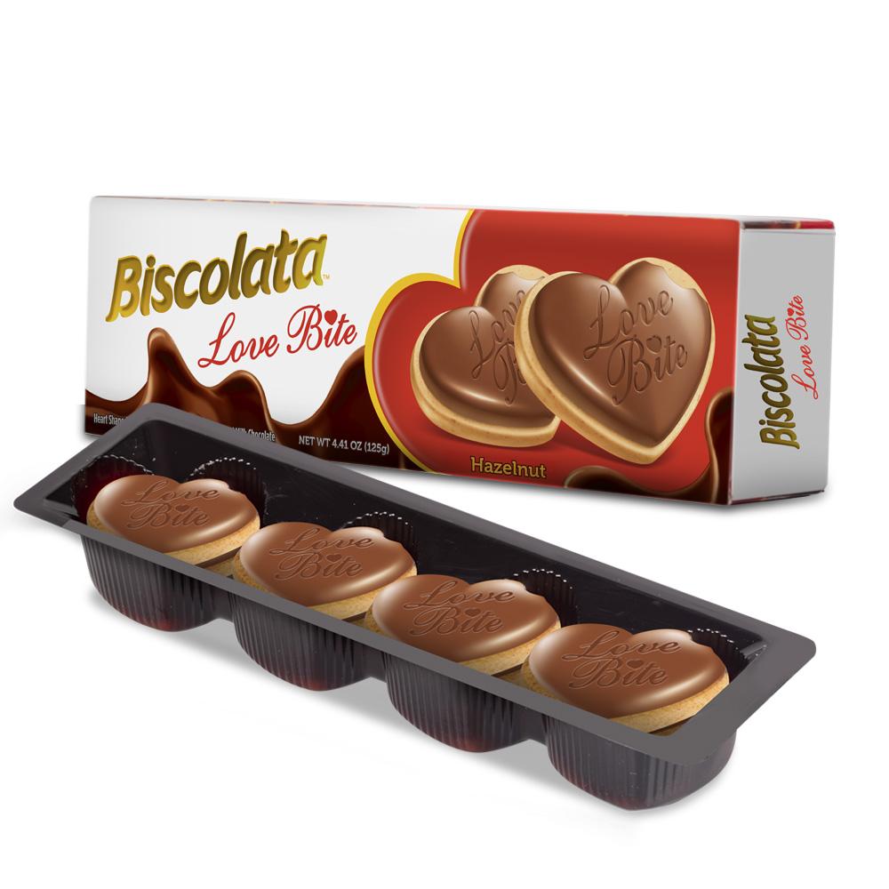Печенье Biscolata Love Bite с ореховой начинкой и молочным шоколадом   125гр