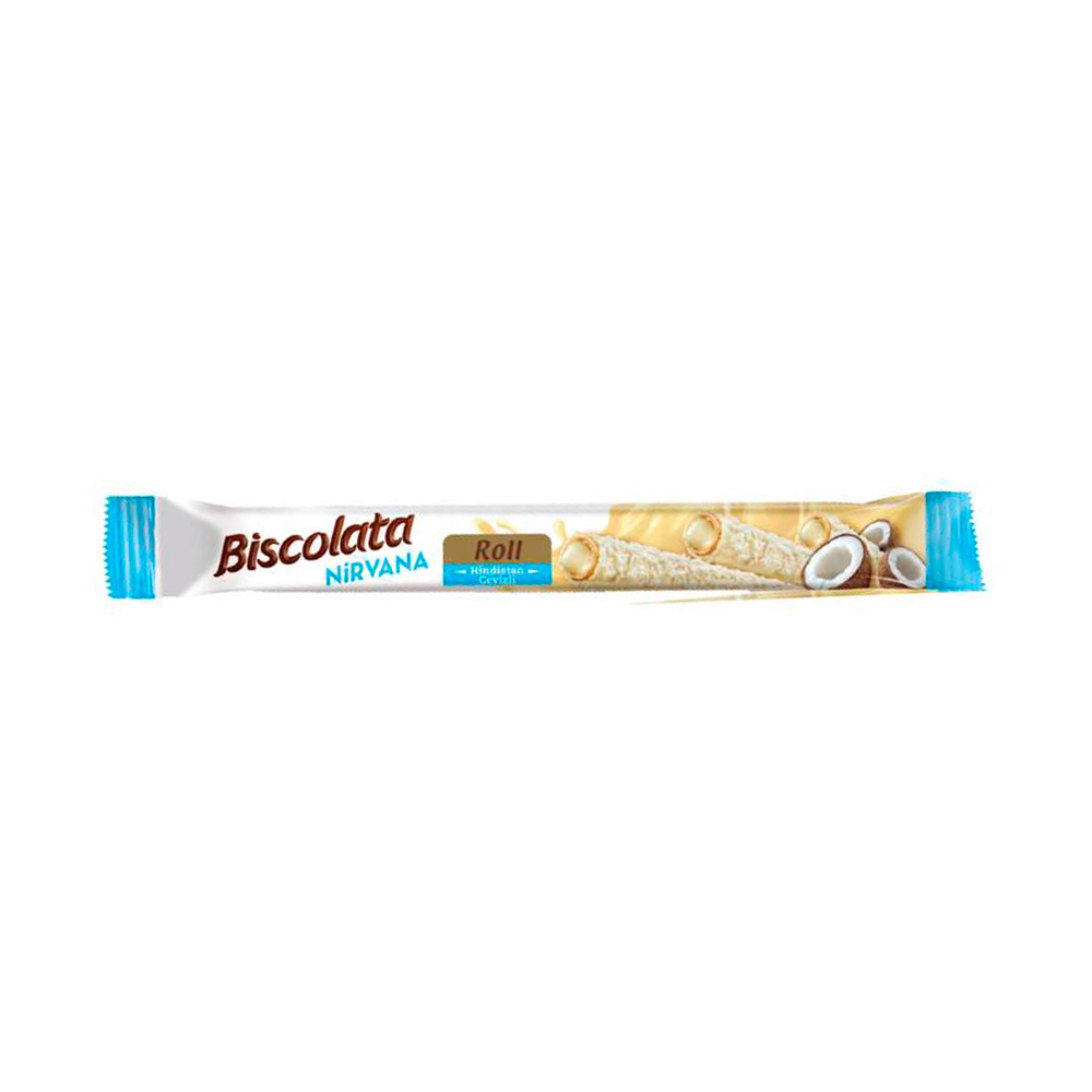 Вафельные трубочки Biscolata roll с белым шок, мол.начинкой и кокосом    26гр